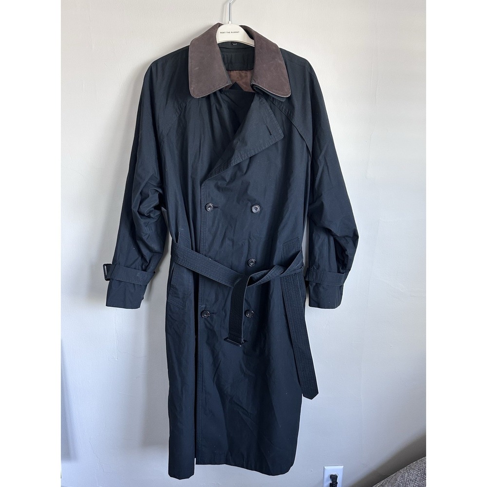 VTG London Fog TOWNE Womens 46R Leather Collar Trench Coat Zip-out Wool Lining